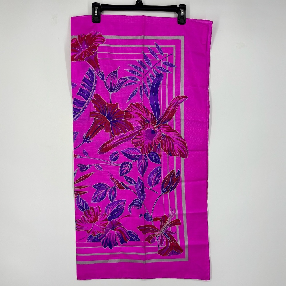 Vintage Thai Raw Silk Square Scarf Fuchsia Pink Purple Floral with Silver Trim